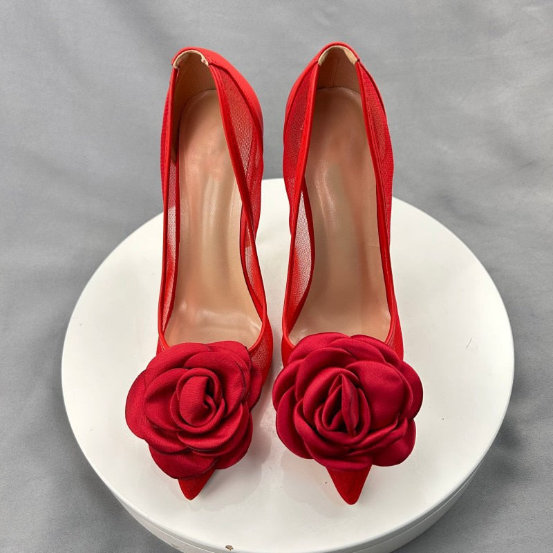 Red Flower Mesh Women High Heel Stiletto Pumps