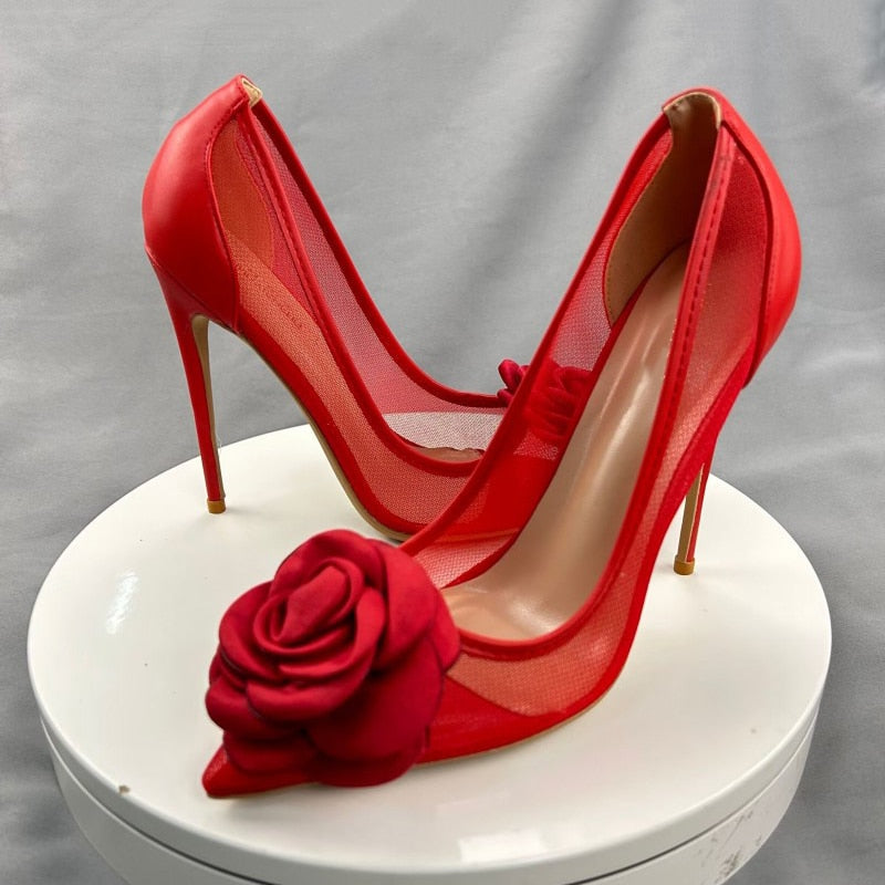 Red Flower Mesh Women High Heel Stiletto Pumps