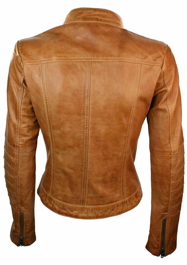 Red Sheepskin Leather Women Zipper Biker Jacket