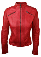 Red Sheepskin Leather Women Zipper Biker Jacket