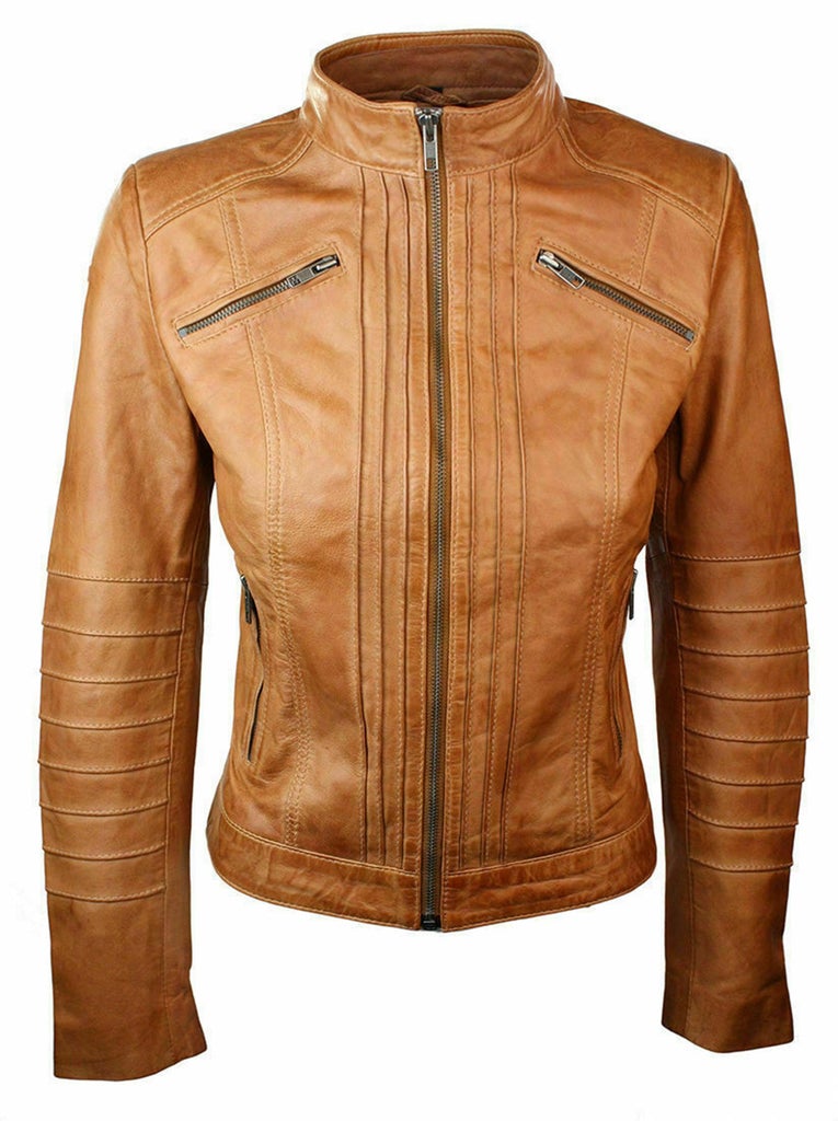 Red Sheepskin Leather Women Zipper Biker Jacket