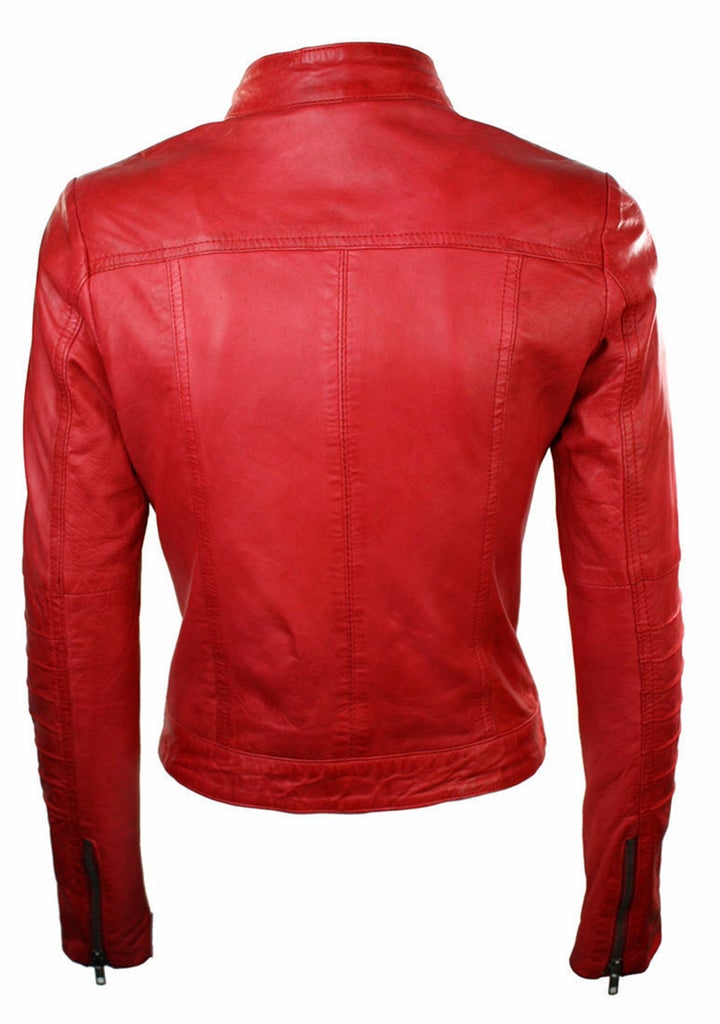 Red Sheepskin Leather Women Zipper Biker Jacket