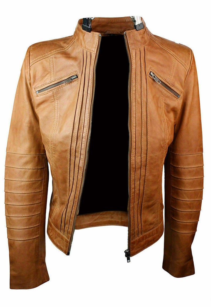 Red Sheepskin Leather Women Zipper Biker Jacket