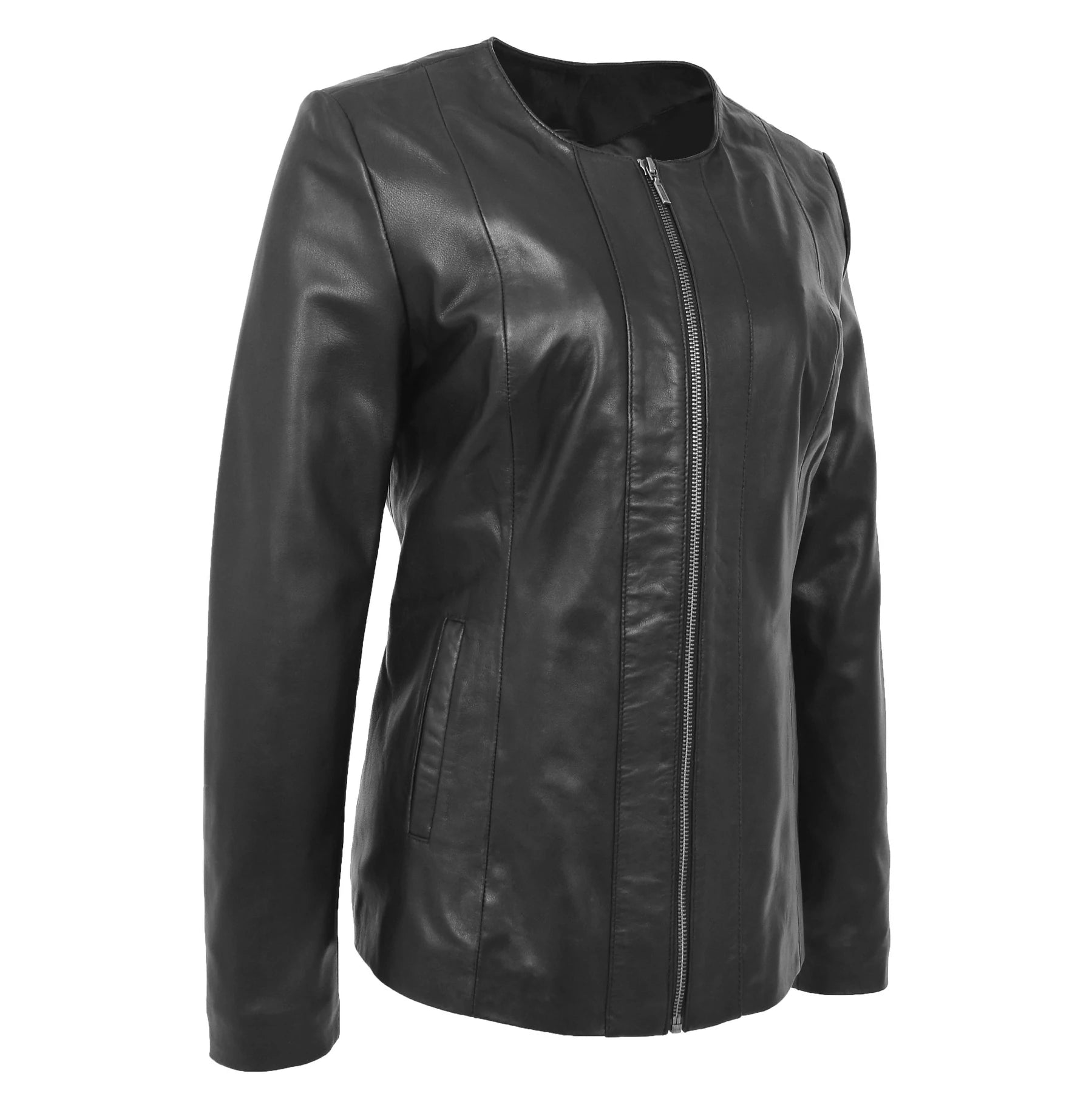 Round Neck Semi Fitted Women's Leather Jacket
