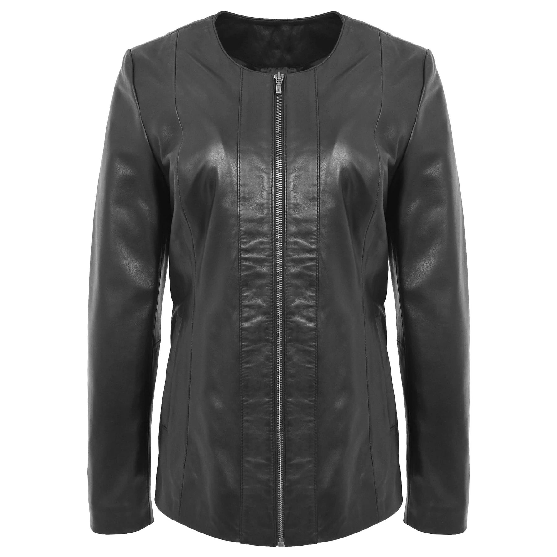 Round Neck Semi Fitted Women's Leather Jacket