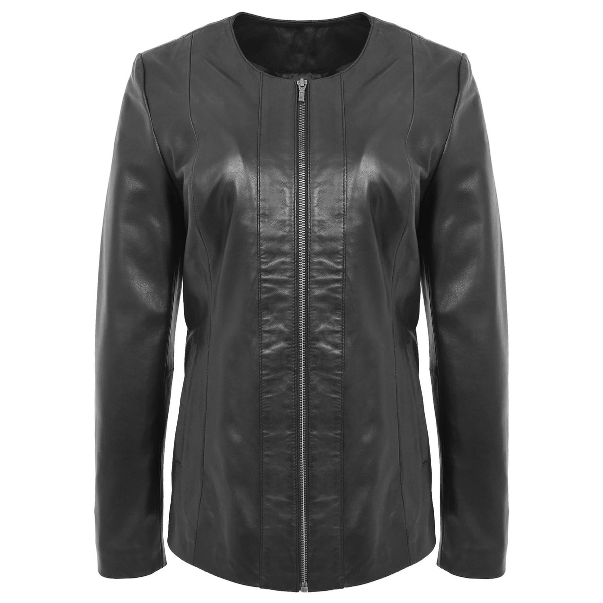 Round Neck Semi Fitted Women's Leather Jacket