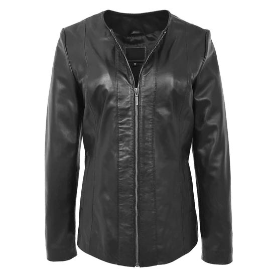 Round Neck Semi Fitted Women's Leather Jacket