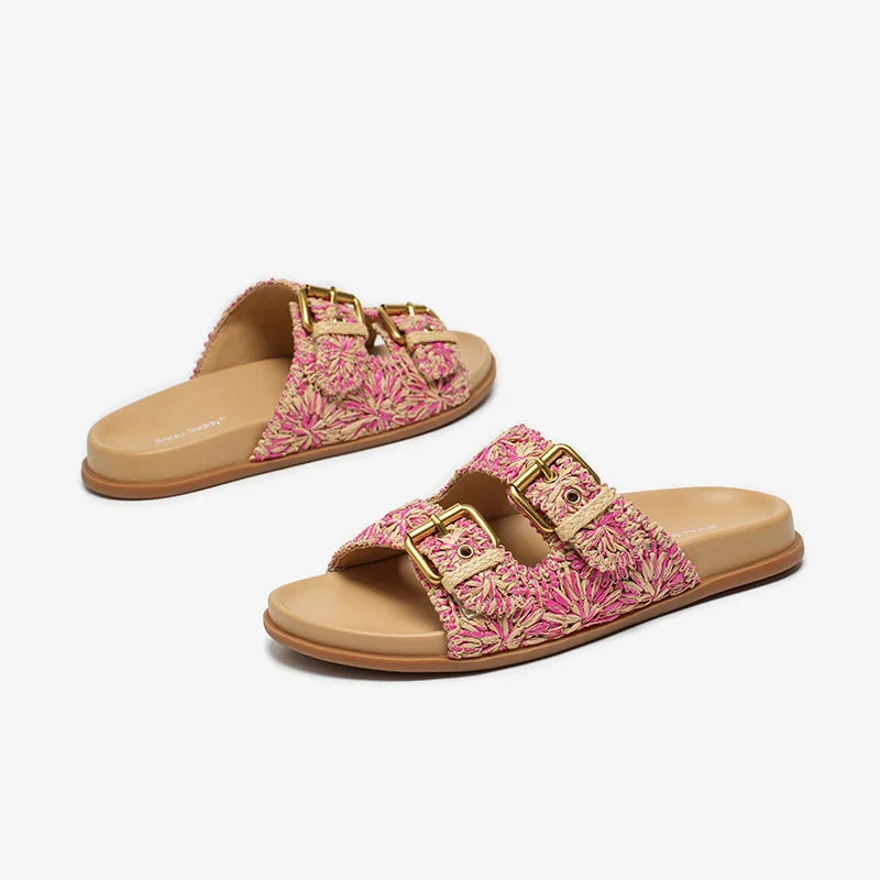 Charming Metal Buckle Flat Slippers