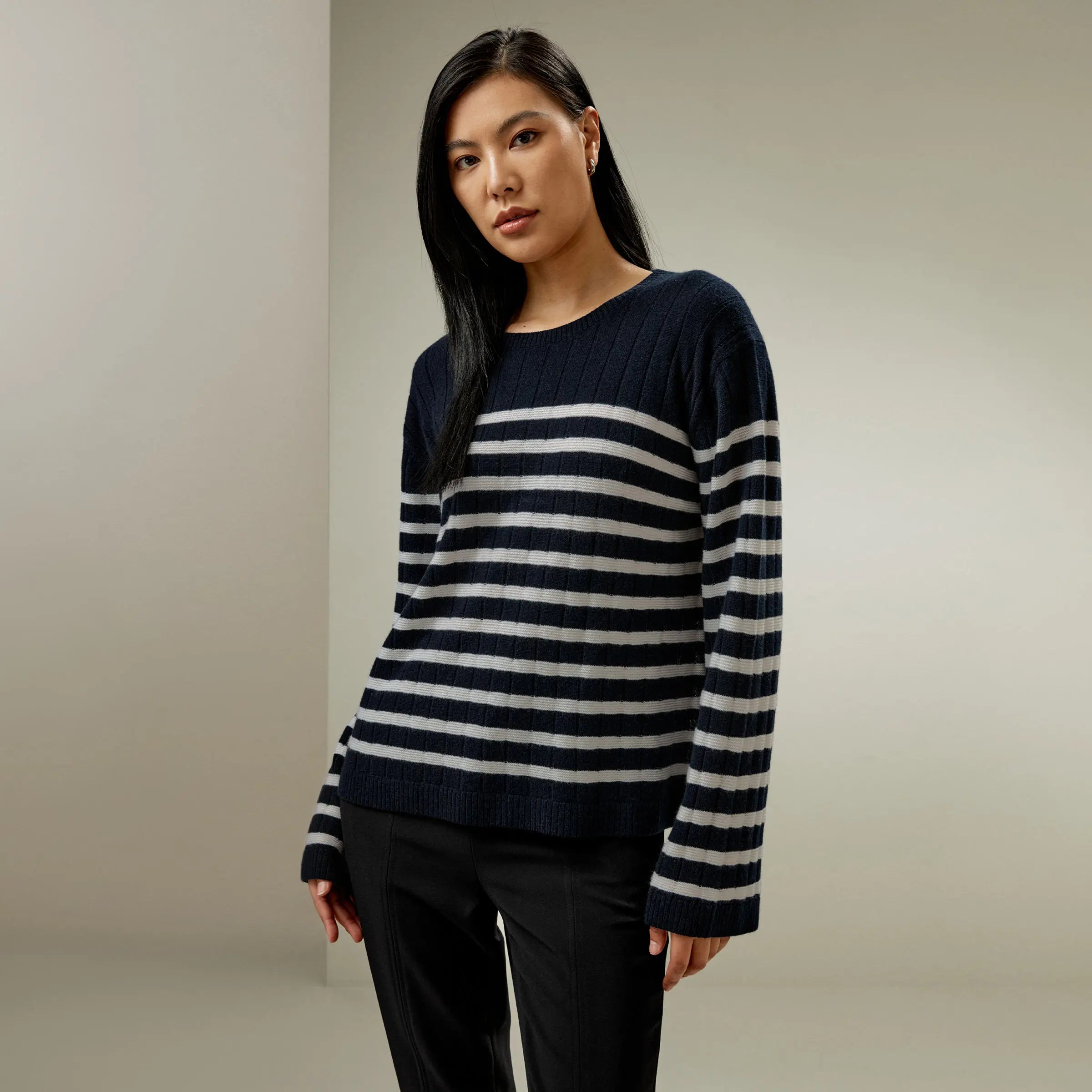 Striped Drop-Shoulder Cashmere Sweater
