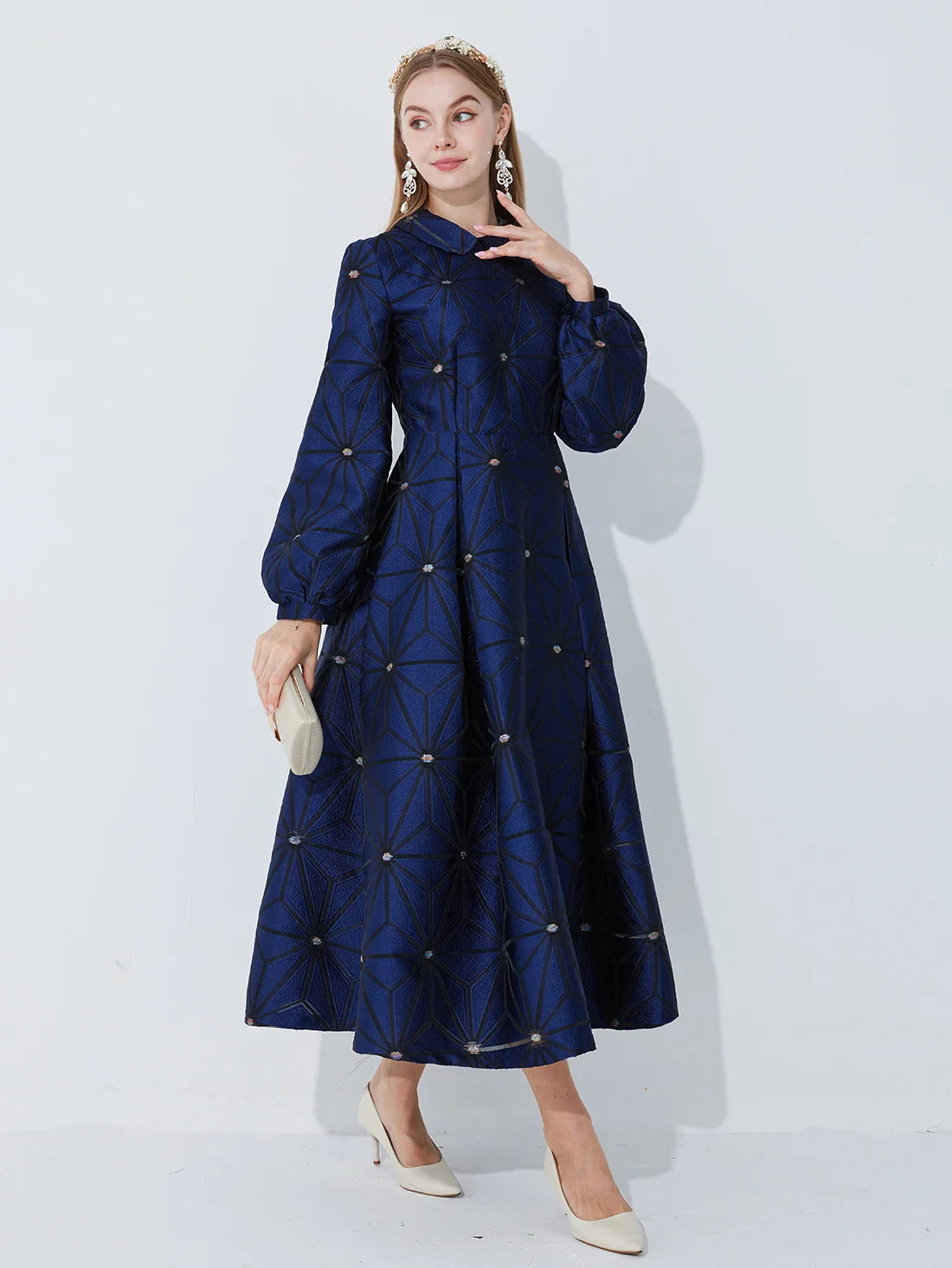 Graceful Turned Collar Lined Midi Dress