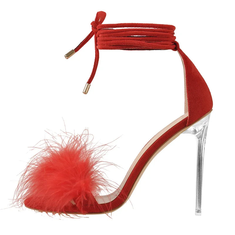 Fur Feather Transparent Sandals