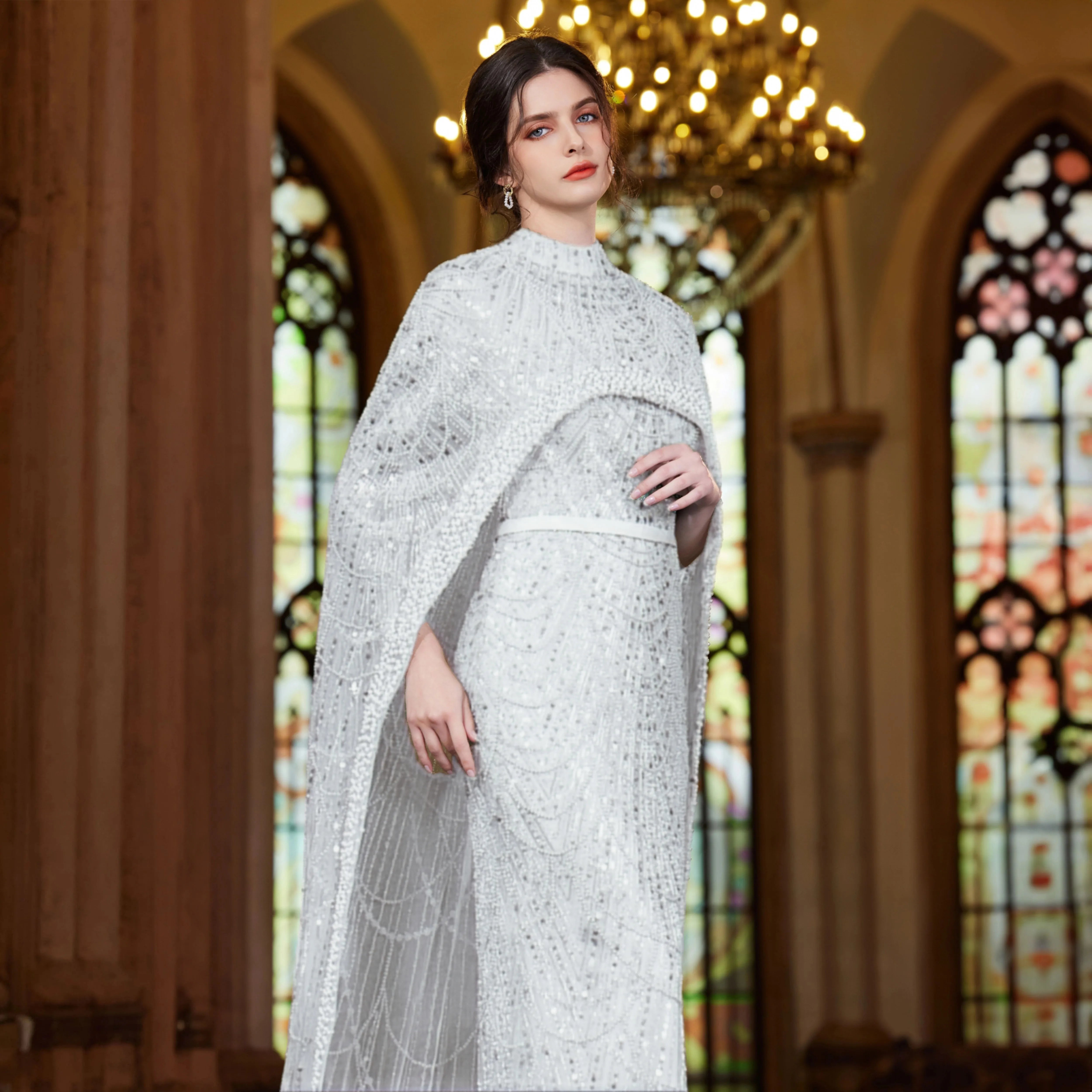 Cape Long Sleeves Arabic Party Gown