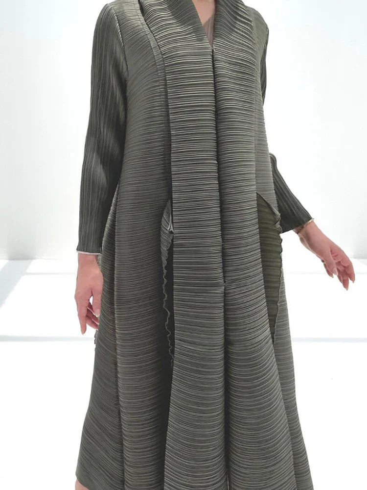 Pleated Sleeve Lapel Cardigan Dress