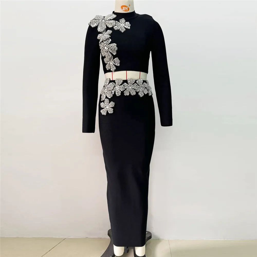 Diamonds Flowers Two Pieces Maxi Skirt Dress