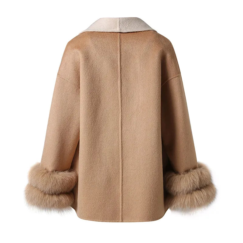 Real Fur Cuff Cashmere Wool Coat