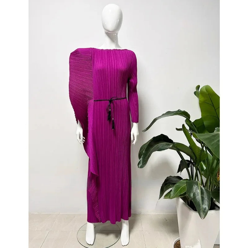 Lapel Pleated Long Sleeve Dress