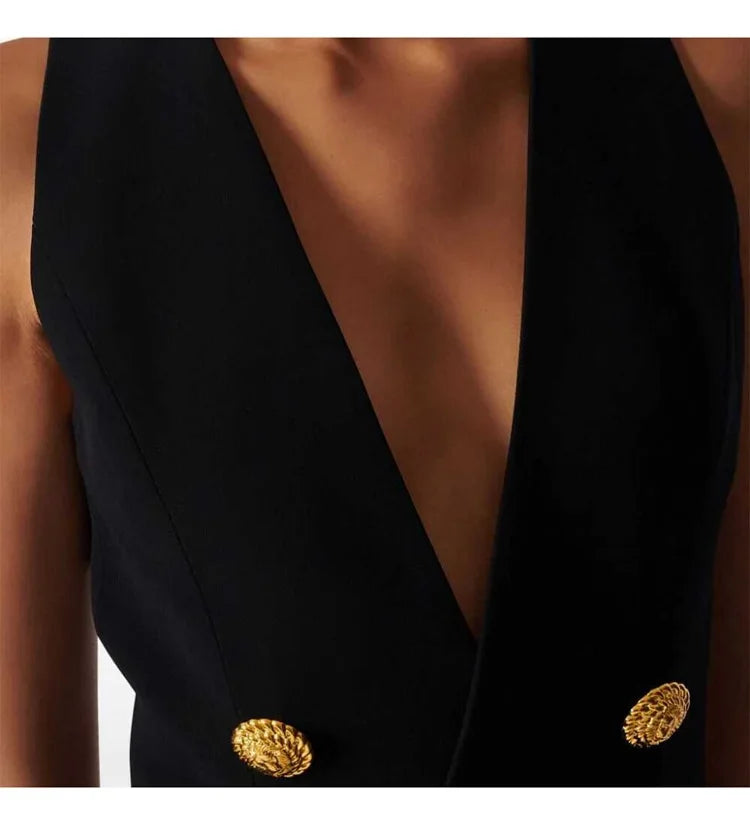 Metal V-Neck Double-Breasted Mini Dress