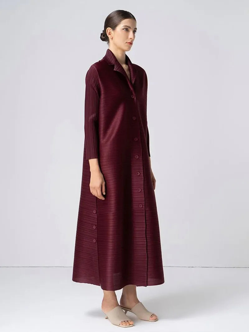 Three Breasted Pleated Women's Long Cardigan Coats