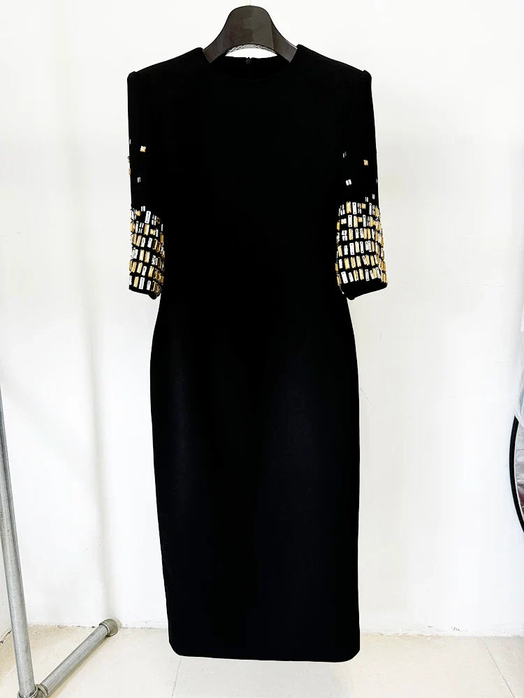 Half Sleeve Rhinestone Beaded Midi Dress