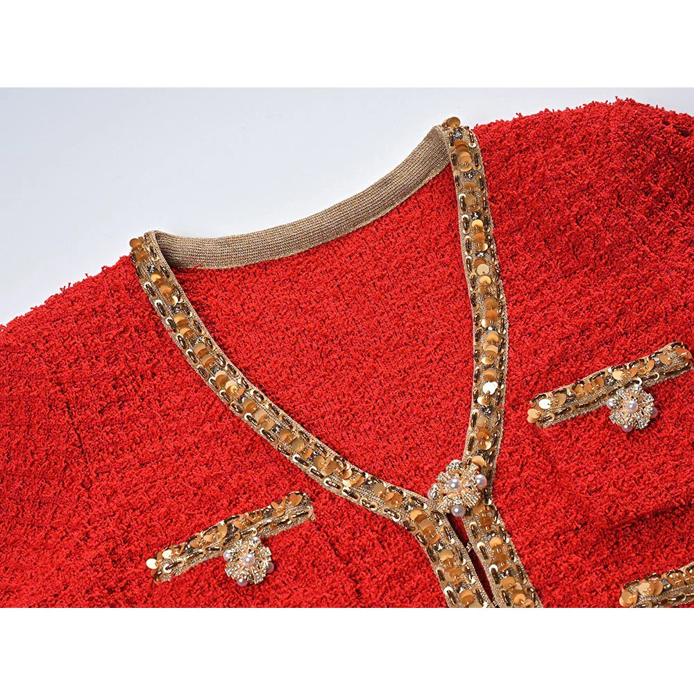Charming Red Tweed Skirt Set