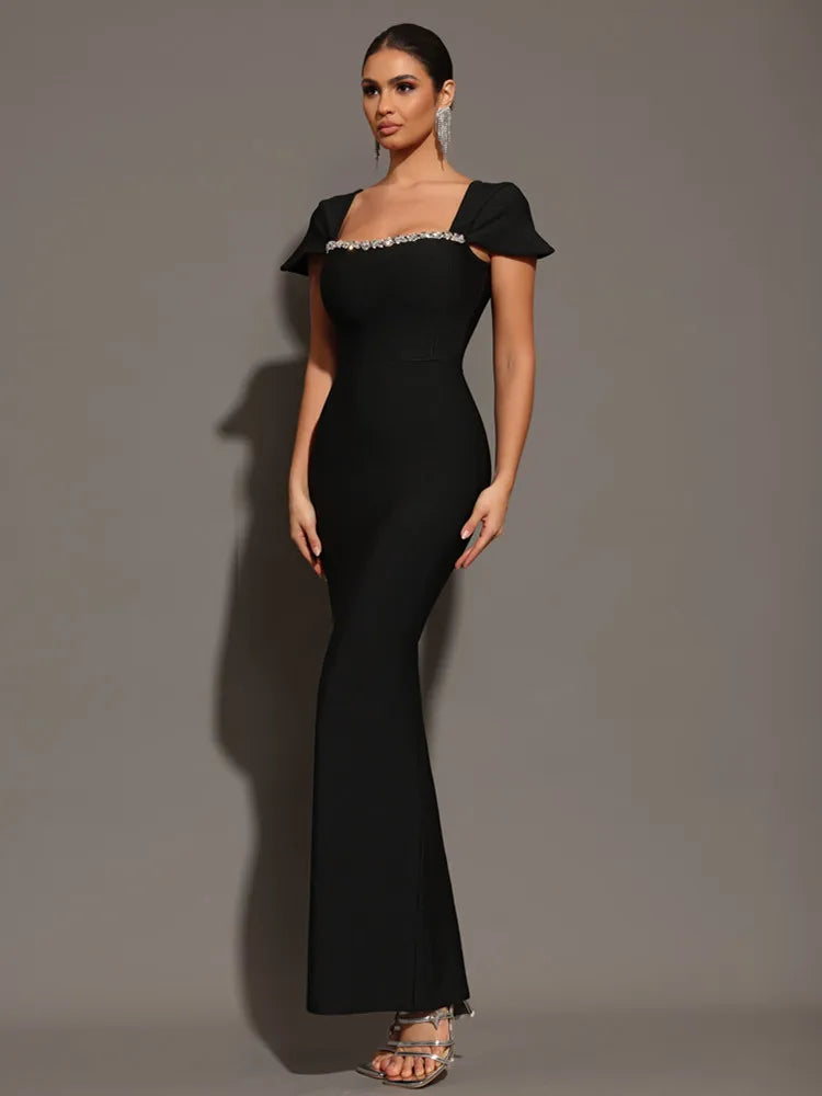 Glamorous Square Collar Diamond Maxi Dress