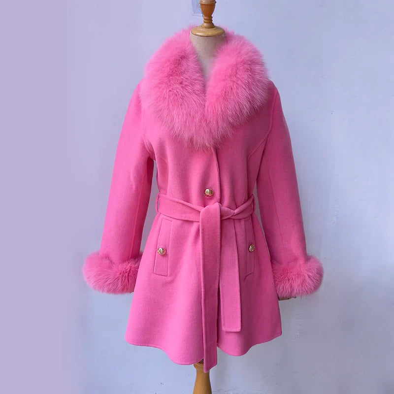 Elegant Fur Collar Slim Cashmere Coat