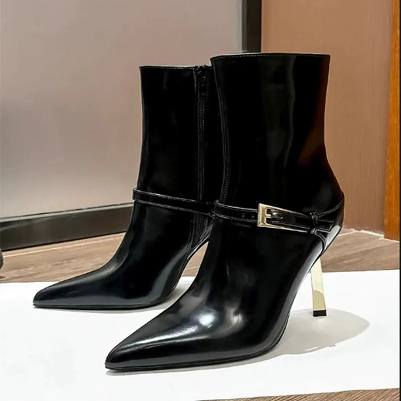 Elegant Metal Buckle Zip Ankle Boots