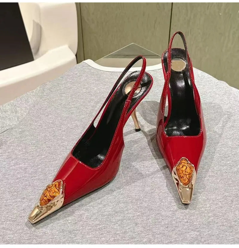 Gemstone Metal Toe Slingback Pumps