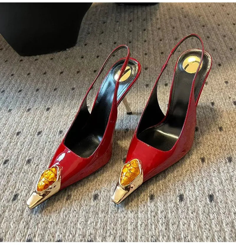 Gemstone Metal Toe Slingback Pumps