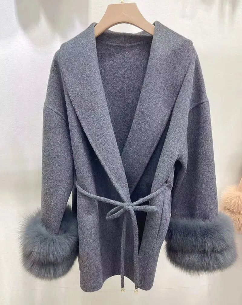 Real Fur Cuff Cashmere Wool Coat