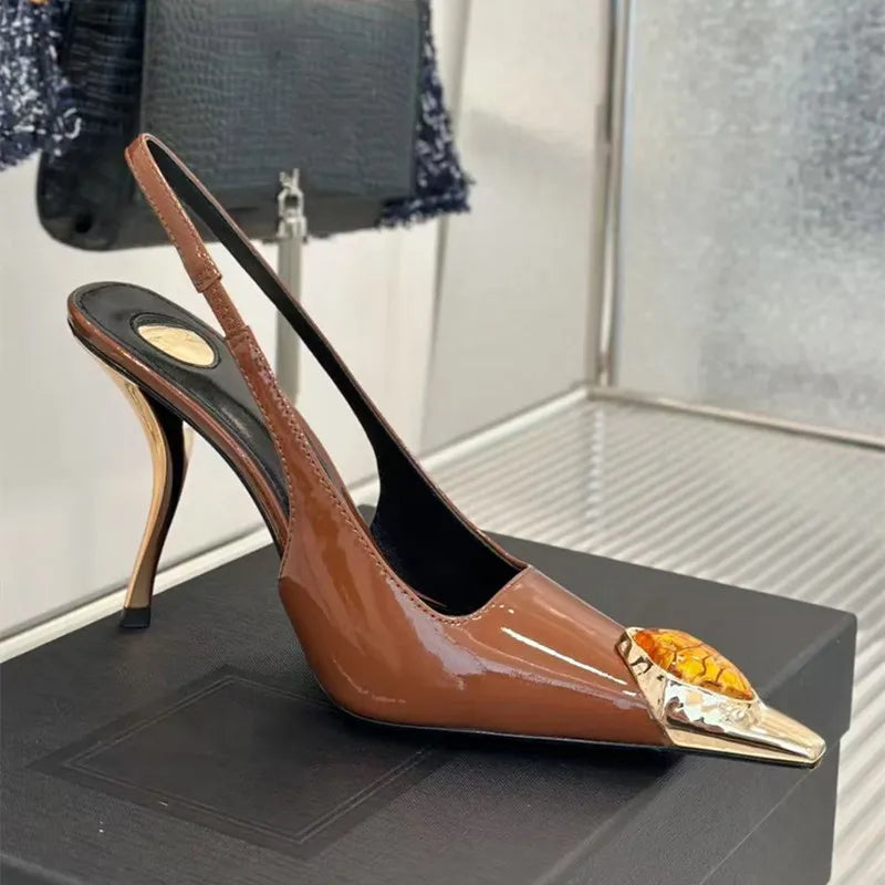 Gemstone Metal Toe Slingback Pumps
