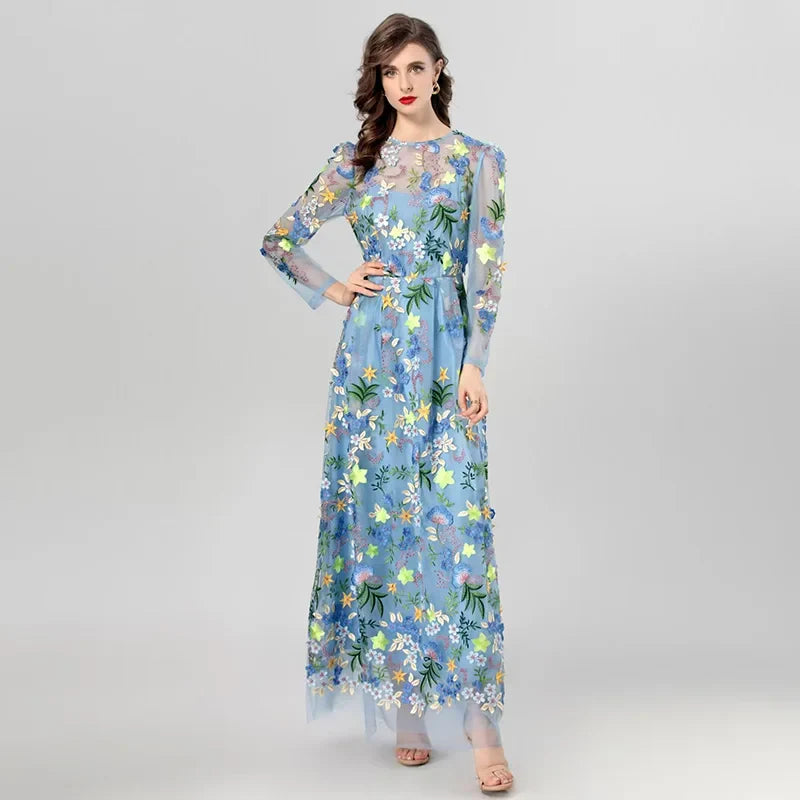 Mesh Flower Embroidered Long Sleeve Dress