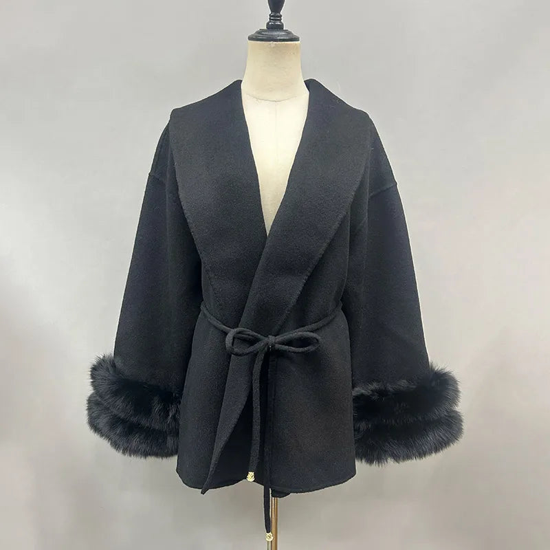 Real Fur Cuff Cashmere Wool Coat