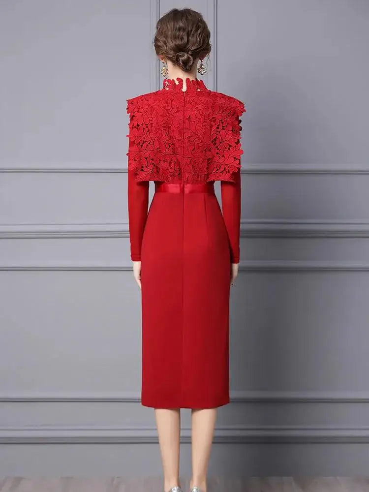 Elegant Hollow Lace Midi Dress