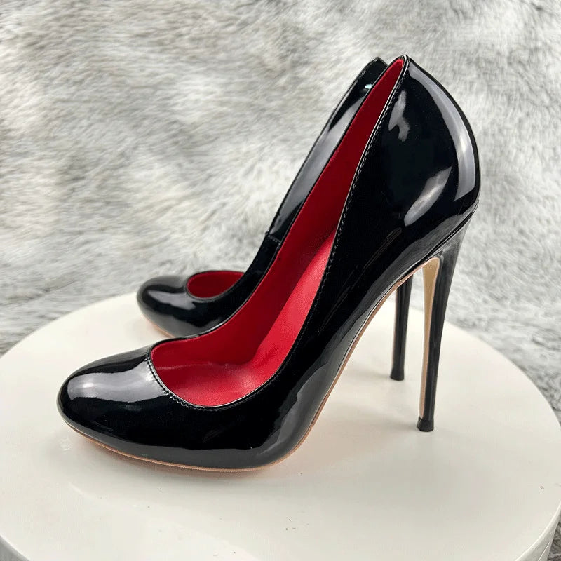 Glossy Black Round Toe High Heels