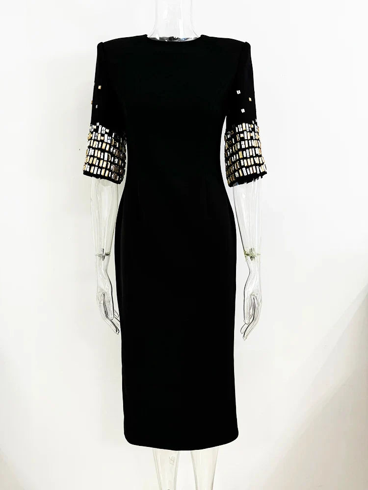 Half Sleeve Rhinestone Beaded Midi Dress