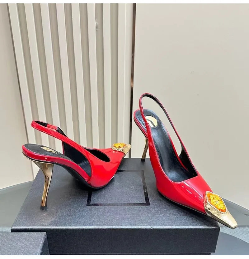 Gemstone Metal Toe Slingback Pumps