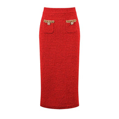 Charming Red Tweed Skirt Set