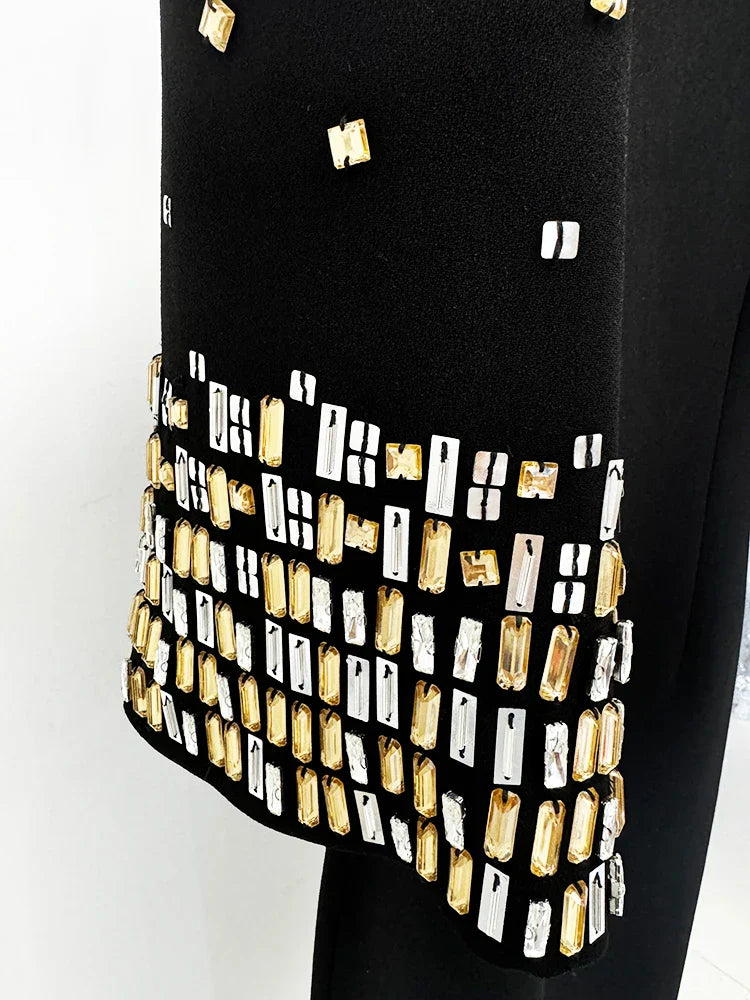 Half Sleeve Rhinestone Beaded Midi Dress