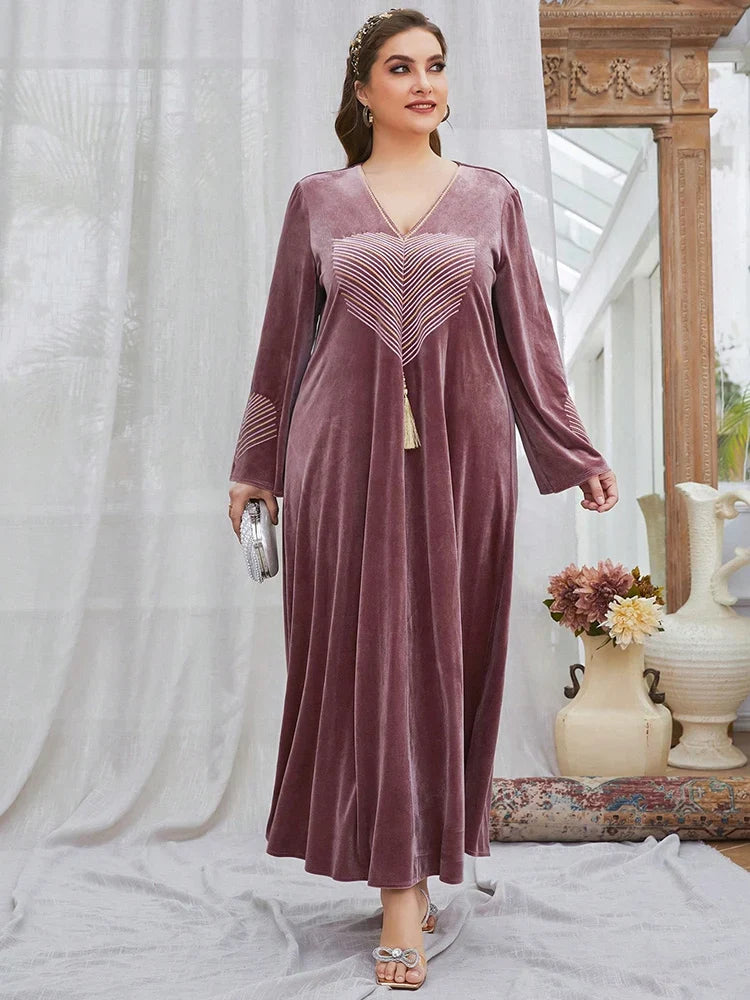 Sophisticated Floral Print Velvet Abaya Dress