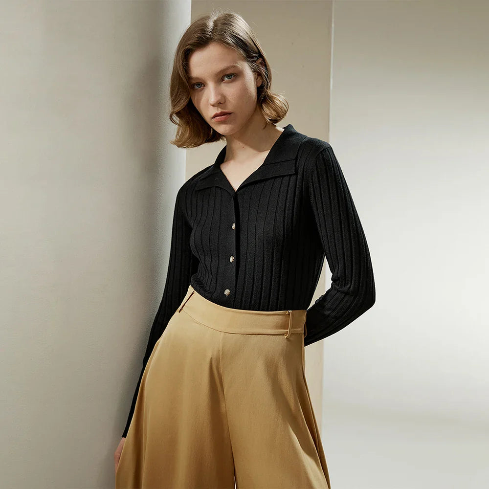 Ribbed Front Button Cashmere Blend Cardigan