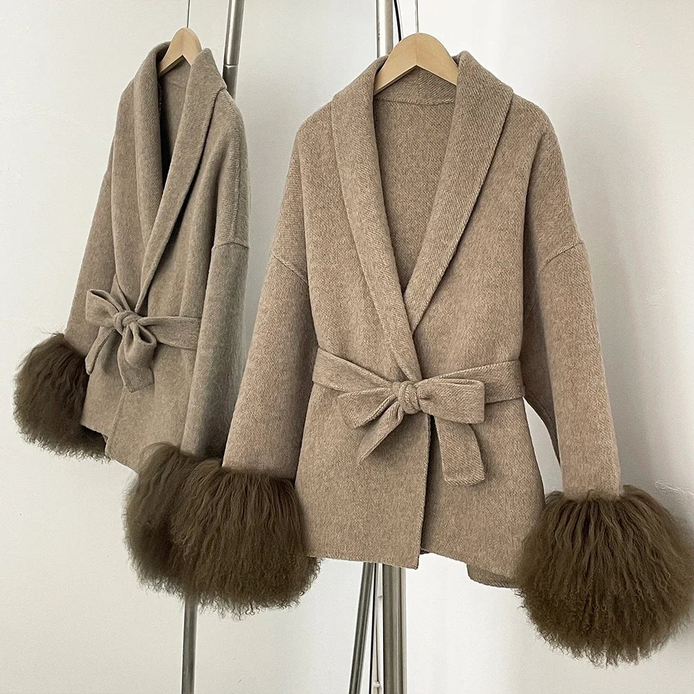 Elegant Mongolian Fur Woolen Overcoat