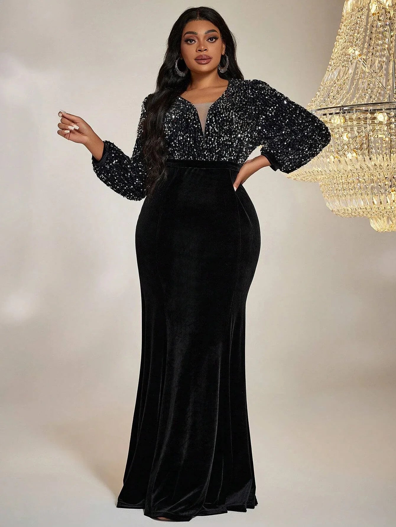 Velvet Sequins Plus Size Formal Dress