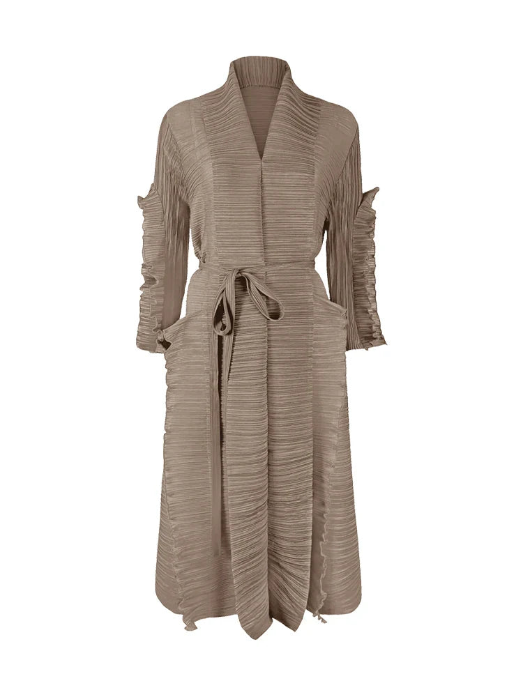 Pleated Sleeve Lapel Cardigan Dress