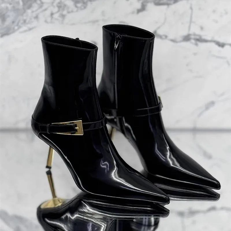 Elegant Metal Buckle Zip Ankle Boots