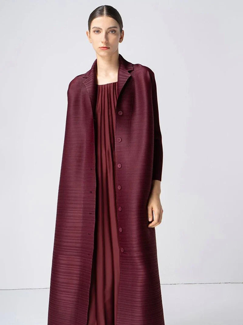 Three Breasted Pleated Women's Long Cardigan Coats