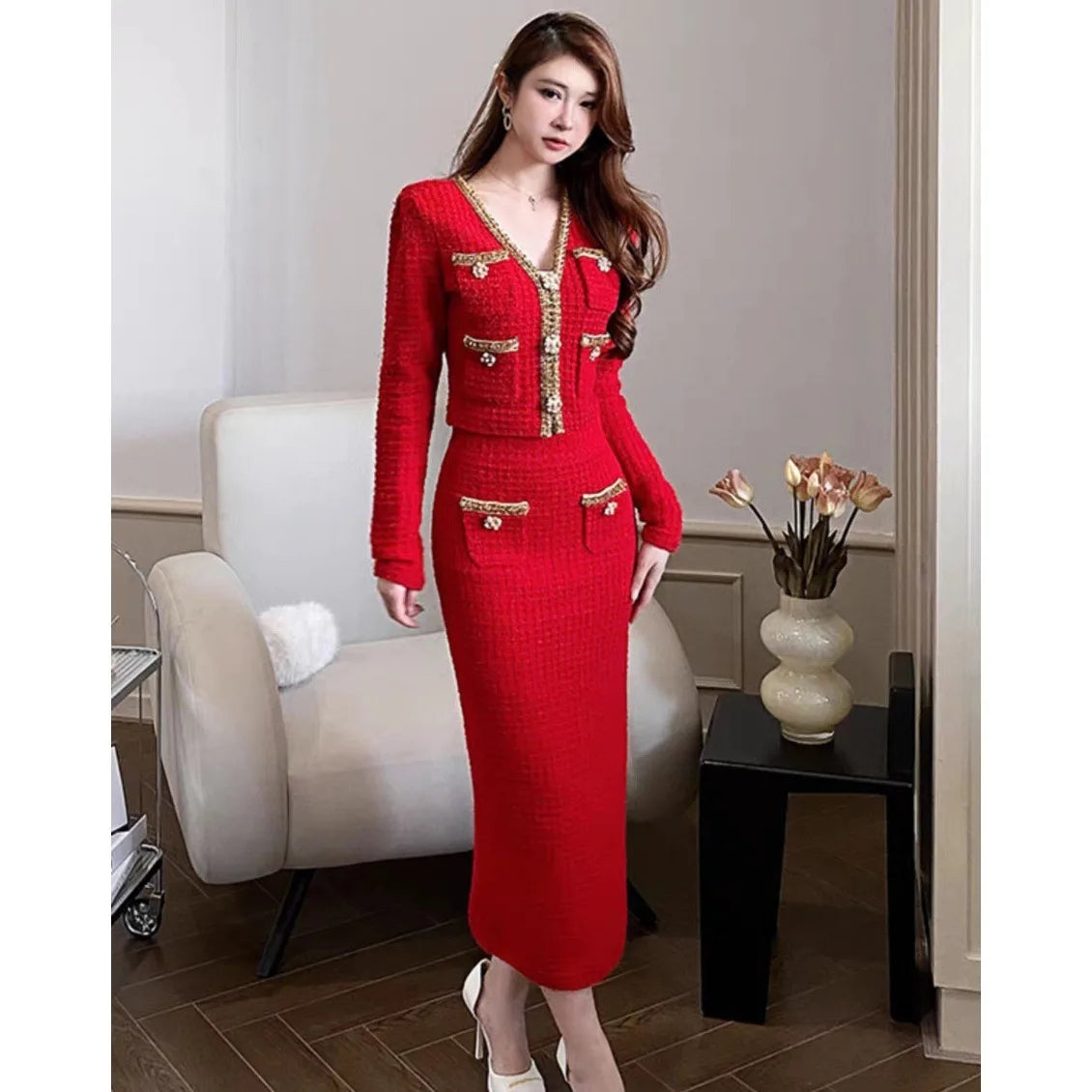 Charming Red Tweed Skirt Set