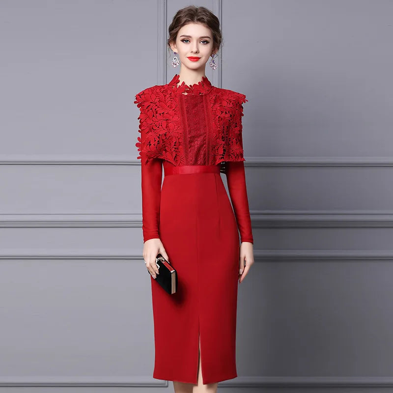 Elegant Hollow Lace Midi Dress