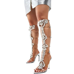 Transparent Rhinestones Knee High Sandal