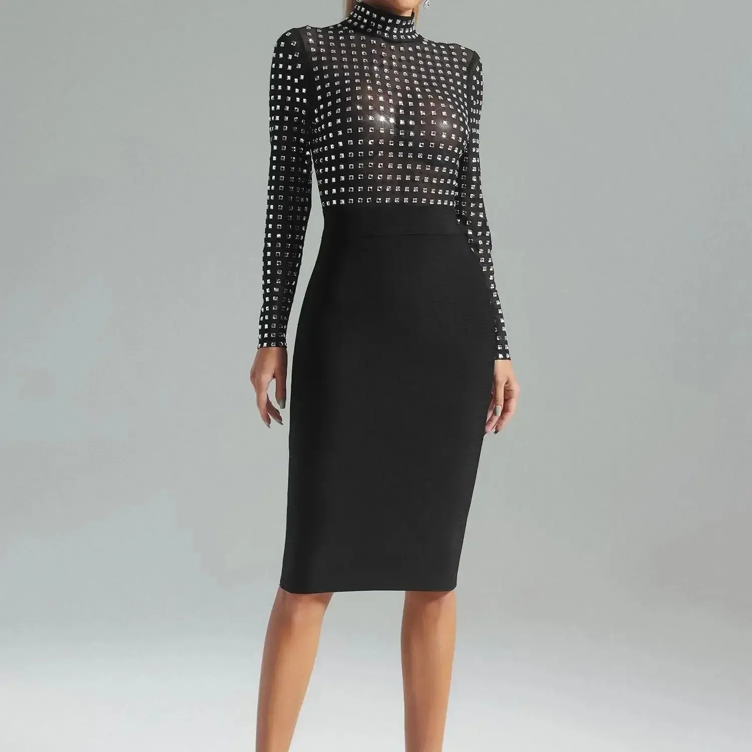 Rhinestones Turtleneck Midi Bodycon Dress